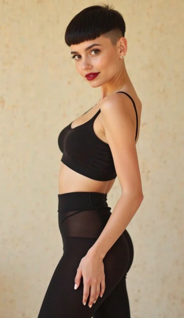 woman, 22 years old, with short  dark grey and dark hair in space buns, her has light green eyes, model pose, natural skin, beautiful face, playful body, playful face, pantyhose, high heels, black wear, look at side, 