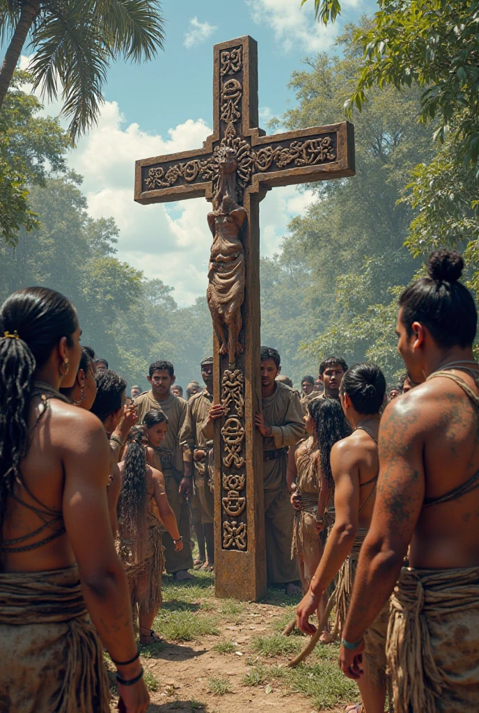 priests and Spanish soldier burn indigenous Hatuey at the stake