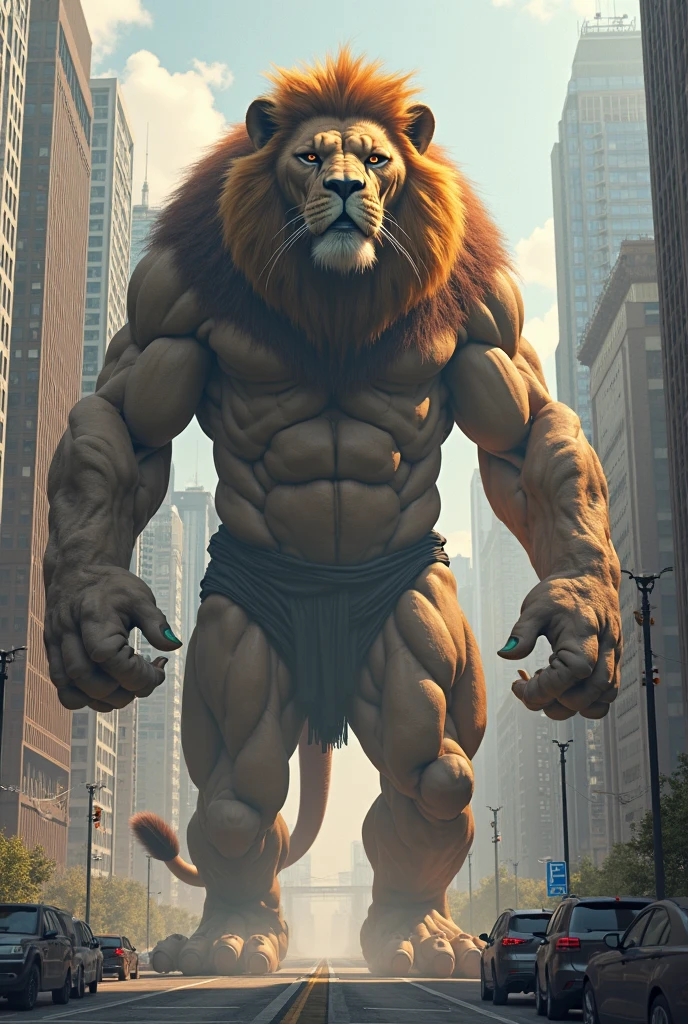 A Lion with human features, gigant ass, trampling buildings with little zombies climbing on it.