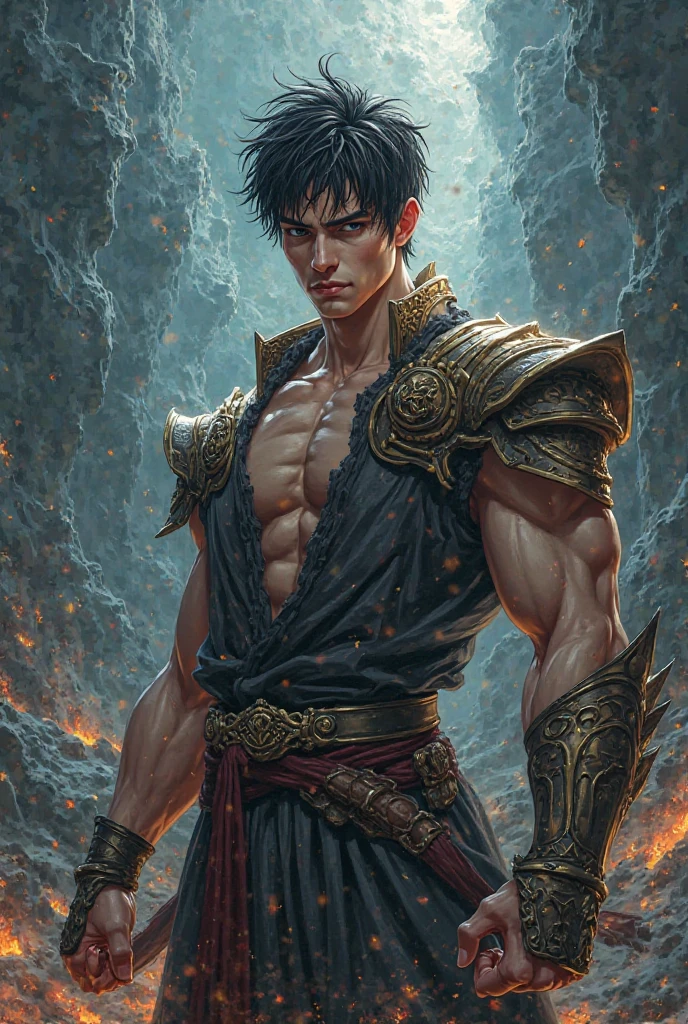 masterpiece, best quality,.line, monochrome, greyscale, white background, 1man, 22 year old, solo, shirtless, warrior, holding armor, action dynamic, cowboy shot, bettle field