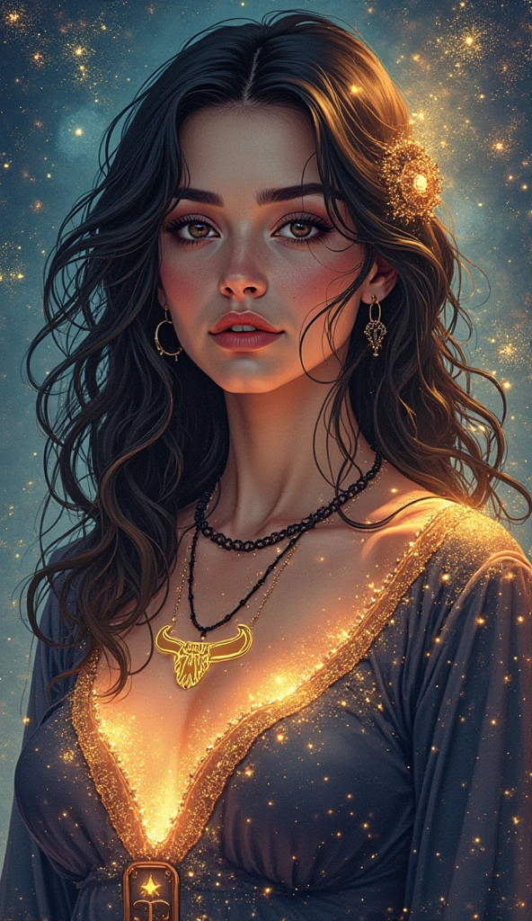 a beautiful detailed girl, long curly hair, dreamy ethereal expression, glowing skin, intricate astrology symbols, zodiac signs, celestial elements, cosmic energy, detailed astrological map, ornate golden frame, dramatic lighting, chiaroscuro, cinematic composition, dramatic shadows, digital painting, vibrant colors, fantasy, dreamlike, mystic, magical realism, masterpiece