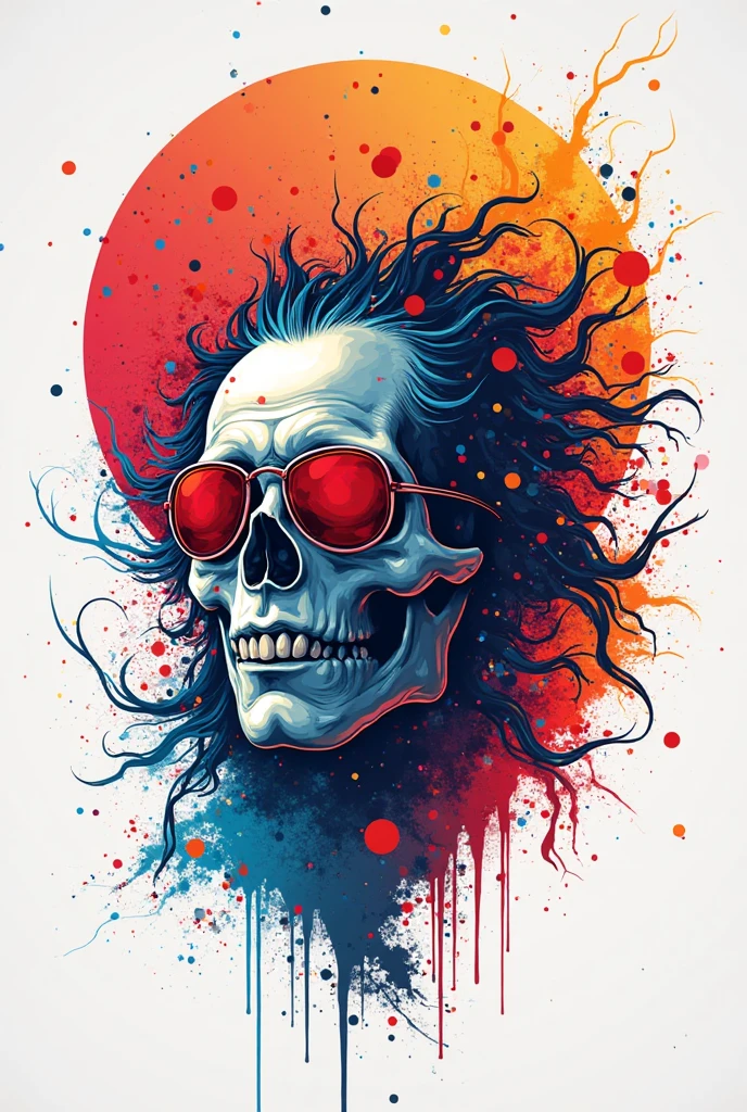 Design a t-shirt featuring a fantasy skullart illustration of a scientist scary skull with curley hair, sunglasses, colorful glowing chemical laboratory glassware, Combine a detailed black and white drawing with vibrant, colorful digital fantasy style chemical elements. Draw inspiration from the intricate and dynamic styles of Dan Mumford, junko mizuno, and Frank Frazetta.negative space