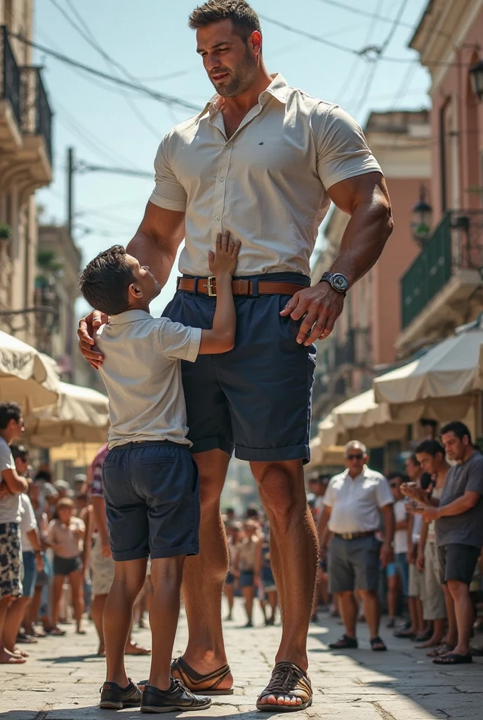 Handsome, Hairy, shirtless, Tall, buff, Muscular, Man, wearing gym shorts, standing in a playground with 3 little pre school children around him cheering, innocent, ((light bokeh)), intricate, (steel metal [rust]), elegant, erotic, exuding sexual energy, homoerotic, sharp focus, photo by greg rutkowski, soft lighting, vibrant colors, (masterpiece), ((streets)), (detailed face)