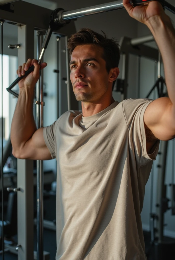 (photorealism:1.2), man in grey shirt, short hair on the side, Long hair, smooth and back up, doing chest pulley exercise, in gym, looking down.