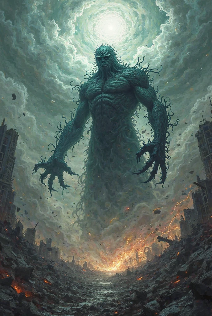 large landscape, dead world theme, polluted world, destroyed city, no vegetation, polluted water, dark world, spectacular otherworldly sky, mutant monsters on stage (art inspired by Bill Sienkiewicz). oil painting)
