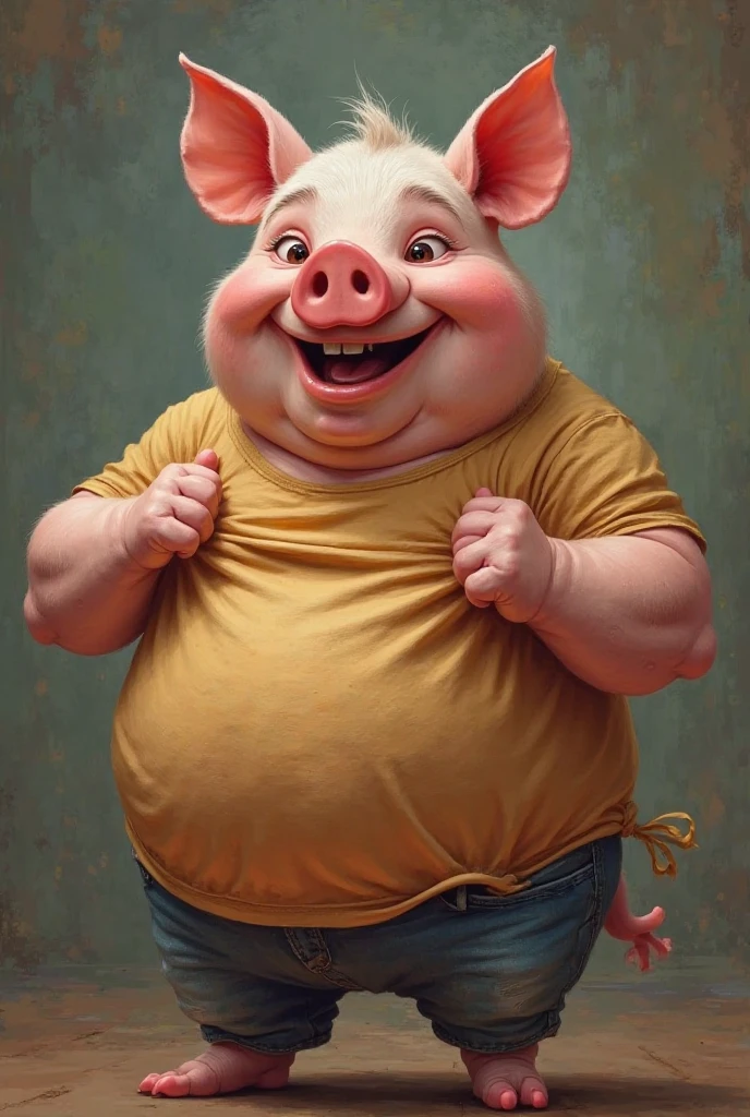 Make a picture of a very fat boy standing in front of a dirty pig farm. and write the word"Anan Farm"Stylist America has bright colors and muddy pigs in the photos.Pig farms are very dirty.