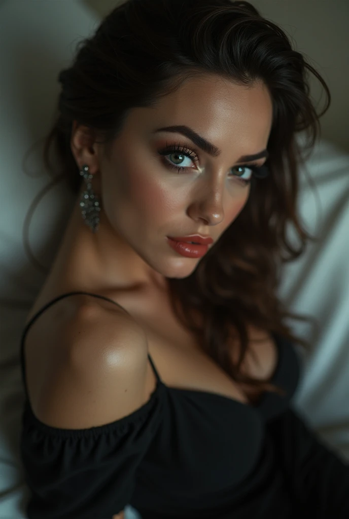(beautiful caucasian woman, green eyes, Curly hair), (NSFW:1.4),High resolution, and 8K、RAWphotography、of the highest quality、masterpiece, lying down looking at the camera, black leather lingerie (big chest:1.2), (Skinny body:1.2), wavy fur, Anatomically correct, crying, seductive look, orgasm face