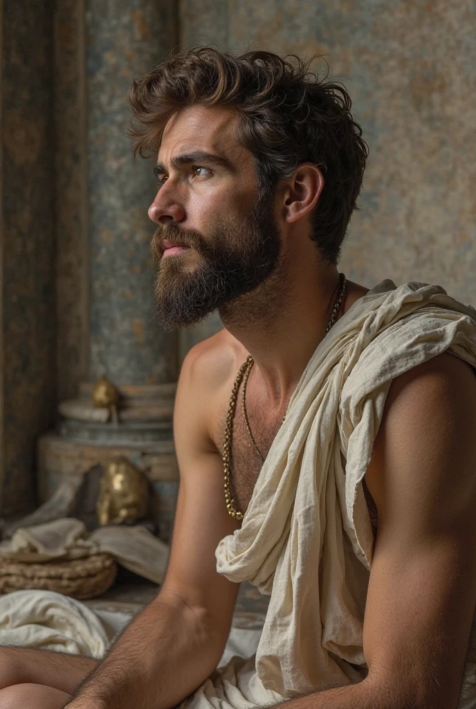 Pronto: Un retrato realista de Zeus oliendo un perfume con la estela hipnotizante a su olfato extasiado, toma lejana, Classical Background Architecture,Acerca de Olympus, fondo oscuro, Cinematic Color Tones, Escena detallada, imagen real