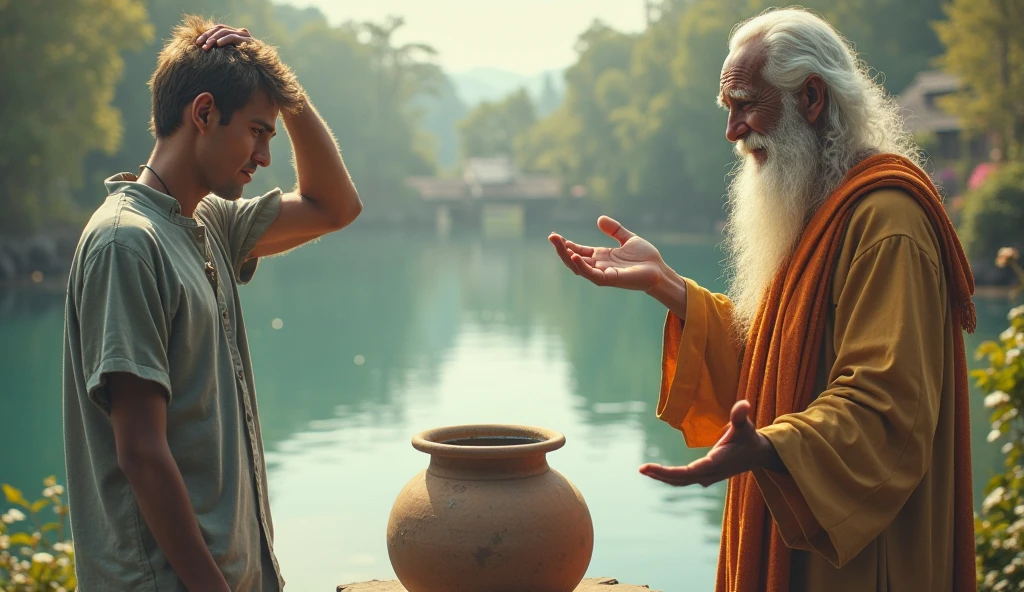  "The wise elder is holding out a small, clear glass of water, half-filled. The young man is standing next to him, holding the glass in his hand with a confused expression. The elder explains the lesson calmly, gesturing towards the glass, while the young man begins to understand. The scene is set under the shade of the large banyan tree, with the village in the background and a soft, warm light highlighting the peaceful atmosphere."