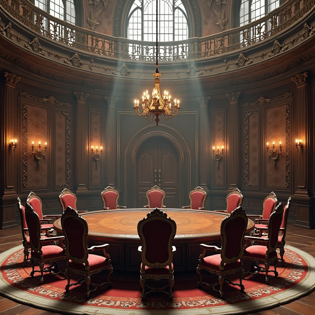 scenery、indoor、Inside the castle、Round Table、Solemn、12 chairs、Round Tableを囲むように椅子を置く、Western、Round Tableの周りを全て囲む、Fantasy、Change the color of each seat back.