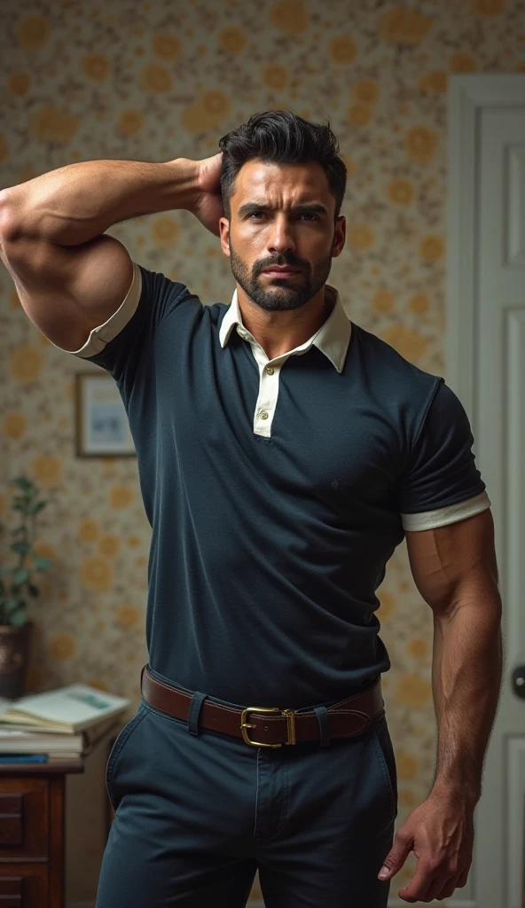 Award-winning original photoen, 30 years old man and wild muscular man, short beards, burly, hunk, wearing shirts, smilling happil, detailed, lovely, full body, creme formal trousers