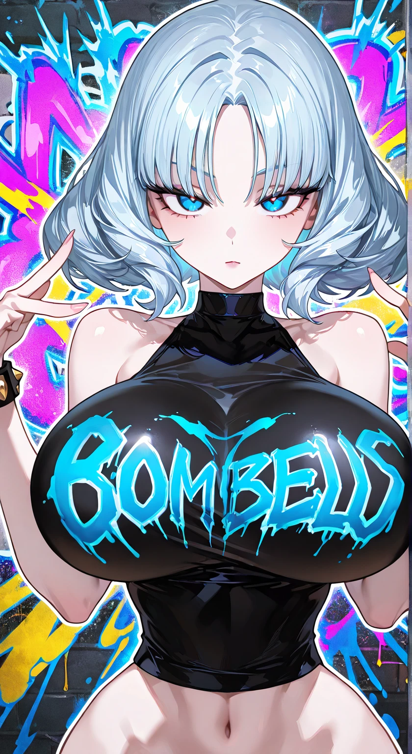 1girl,solo focus,goat horns,purple eyes,colored sclera,silver hairs, long hair, blue skin,colored skin, breasts,bat wings, waist wings,suit, tuxedo,necktie, upper body,looking at viewer,magazine cover