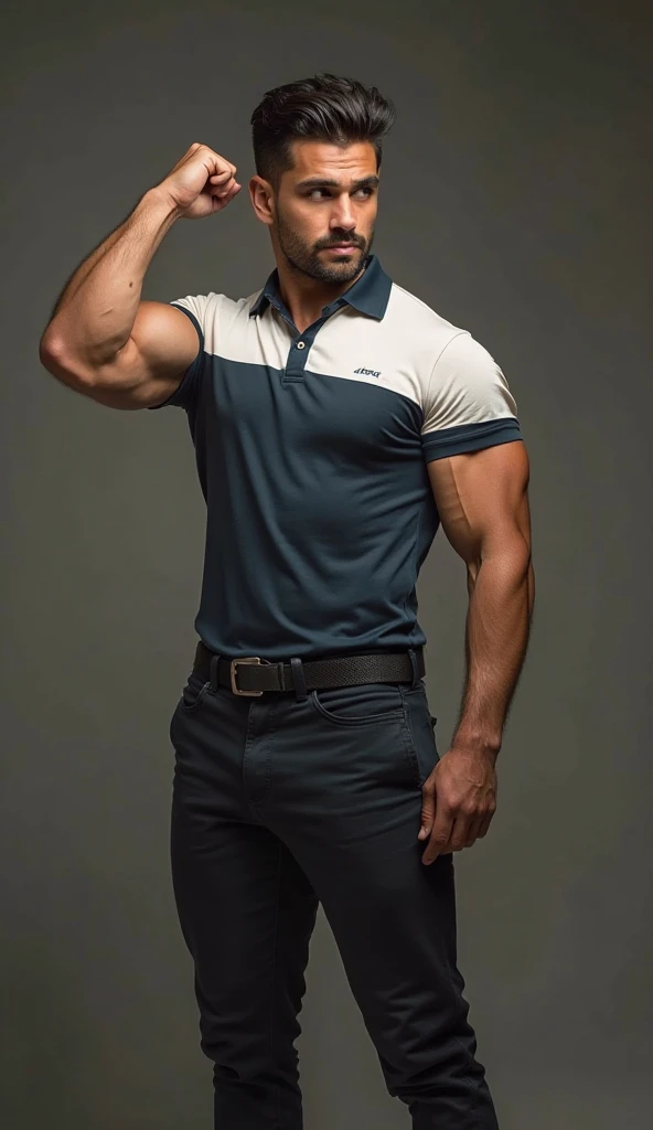 Award-winning originaL photoen, 45 years oLd (hombre blanco, rubio) ((( caLvo, sin pelo))) (caLvo, sin peLo,) fisicoculturista sonriendo and wiLd muscuLar burLy, hunk, (wearing shirt poLo red and bLue coLor and black , beige) L, detaiLed, LoveLy, ((fuLL body)), (((poLo shirt bicoLor )))(((estiLo casuaL pantaLones))) (big buLge), hyperreaLista, masterpiece , gran detaLLe, great sharpness, captivating eyes, perfect face , tattoo on arm, Super sharpness, cLaridad , grandes pectoraLes, grandes naLgas( toma de perfiL) grandes naLgas , gran bulto