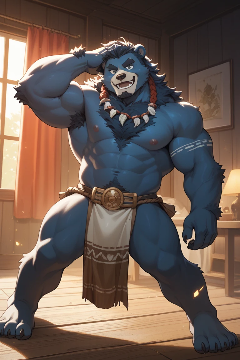 Solo, male (((tall, wolf, blue eyes, muscular, broad shoulders, big pecs, abs, cyan hair, dark cyan body, dark light cyan fur, mane, dark cyan eyebrows, facial hair, beard, braided hair, chest hair, happy trail, teeth, sharp teeth, long snout, black nose, pink nipples, eye scar, arm scar, chest scar, scars, nipple piercings, nose ring, ear rings, bandages around abdomen, biped, brown leather shorts, huge bulge))) standing, forest, detailed eyes, detailed nose ring, detailed ear rings, detailed scar, detailed eyebrows ((focus dark cyan body, focus dark light cyan fur, focus cyan hair, focus brown leather pants, focus eyes, focus ear rings, focus scars)) full body, perfect anatomy, by darkgem, by mystikfox61, by glitter trap boy