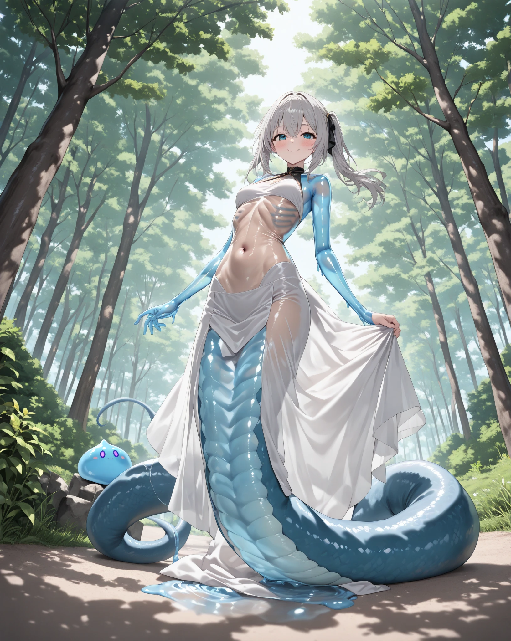 Super cute anthropomorphic white snake in Pixar style， in one's underwear only, Detailed White Snake, charming big eyes, nice tail, , Surreal, Super fine, Luxurious, elegant standing, charming big eyes, Surreal, Ultra-Detailed Effects, Luxurious, Elegant, with an intricate, Gorgeous, illusion engine, Octane Rendering, 8K, Freissurrealism，length hair，Twintail，neon color，Blue crystal eyes，Silk Detail See-Through Lingerie，Touching the head of a snake、White King Cobra、Ahoge