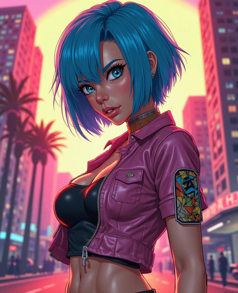 (Full portrait lone (Salma Hayek) as (Bulma:1.4 from DragonBall), (cleavage (large breasts), (stylish bob haircut), crop-top, (micro-skirt), pantyhose)1.2 (dressed as Android21), training to fight, front view, (high detailed skin:1.2)(realistic pupils,realistic iris:1), 8k uhd, aqua_hair)1.1, (vhs effect, (poster:1.6), poster on wall, nostalgia, movie poster, (skin texture), intricately detailed, fine details, hyperdetailed, raytracing, subsurface scattering, diffused soft lighting, shallow depth of field, by (Oliver Wetter)), (Portrait full face focus)1.5