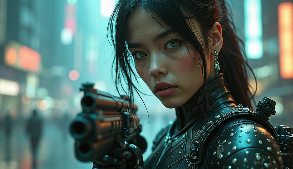 (RAW shooting、highest quality、master piece)、(real、photorealistic)、(super detail)、Extremely detailed CG、8K、アンrealエンジン、3D rendering、beautiful mechanic、((high contrast))、(High chroma)、(sharpness)、((very delicate and beautiful))、reflected light、highly detailed background、(war、urban warfare、black cloud、rain、wet road surface、Black smoke、dense fog、spouting steam、army、rubble、Concrete debris、broken building、bent steel frame)、(destroyed slum、cyber punk、Mechanical City、 ((anatomically correct))、One Female Soldier、black hair、bangs、side lock、beautiful and delicate hair、(detailed beautiful eyes、detailed beautiful face)、highly detailed skin、headphone、gloves、オリーブドラブのcamouflage patternのアーマースーツ、((camouflage pattern))、((cowboy shot))、dramatic writing、action pose、fighting pose