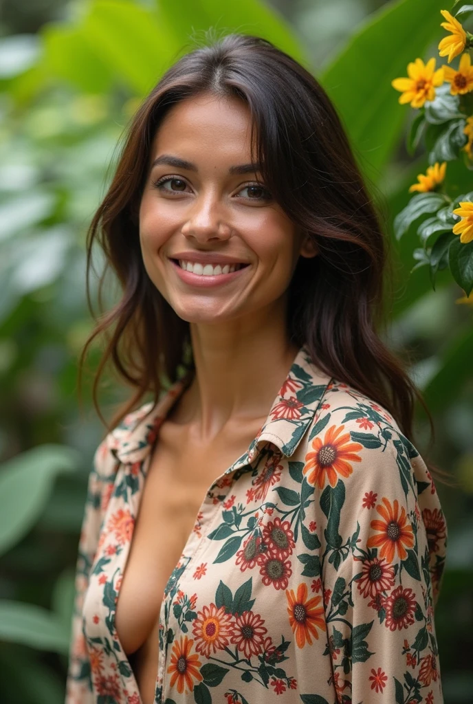 A Brazilian woman in a lush tropical garden, wearing an open shirt with a floral print, with a close-up capturing the harmonious beauty between her breasts and the natural flowers, showing off your natural charm and outgoing personality.