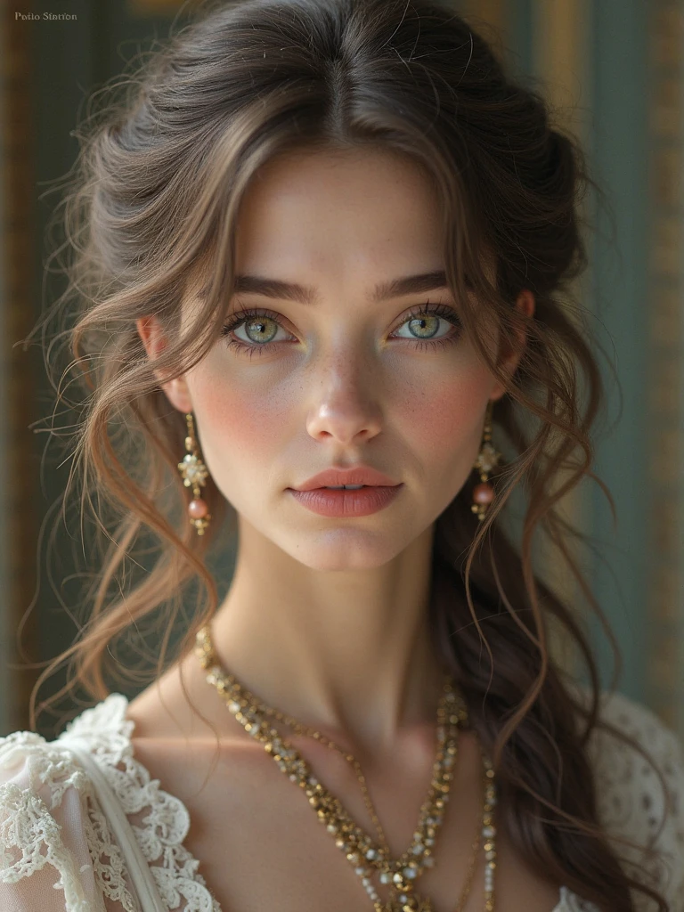 Realistic portraits、Loosely bundled braid、extremely realistic face、Ultimate Beauty、skinny body、de pele branca、small tits、(((beautiful luxury dress)))、The rooms are also luxurious and luxurious.....、