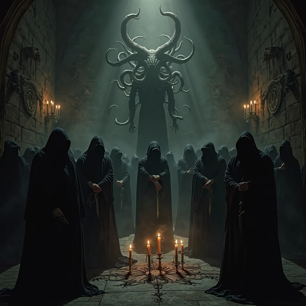 The ritual of The Queen of the Damned, Depressed Side of Humanity, by Alberto Seveso, Luis Royo and HR Giger, artstation, Dark, and highly detailed digital painting of a group of necromancers summoning a powerful undead creature, with a greenish glow and occult symbols in the background in the style of art by zdislav beksinski and wayne barlowe, the image should have a sharp focus, Intricate details, and be trending on artstation.