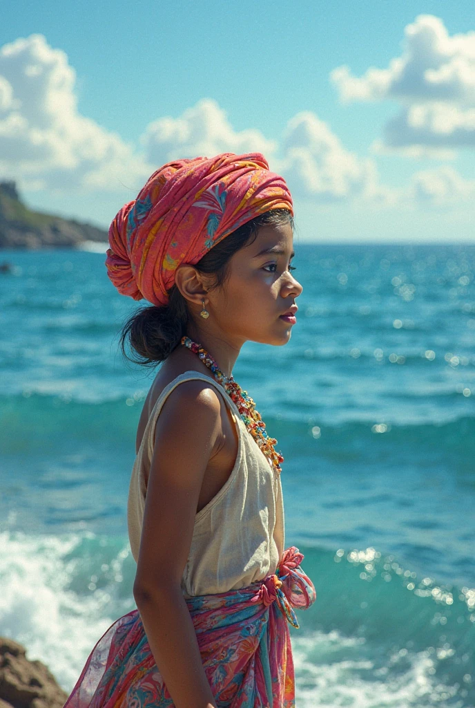 Portrait of a girl, wearing a diamond necklace, curly hair, messy hair, holding a coconut shell, sea background, (highly detailed face:1.4) (smile:0.7) (background inside dark, moody, private study:1.3) POV, by lee jeffries, nikon d850, film stock photograph ,4 kodak portra 400 ,camera f1.6 lens ,rich colors ,hyper realistic ,lifelike texture, dramatic lighting , cinestill 800