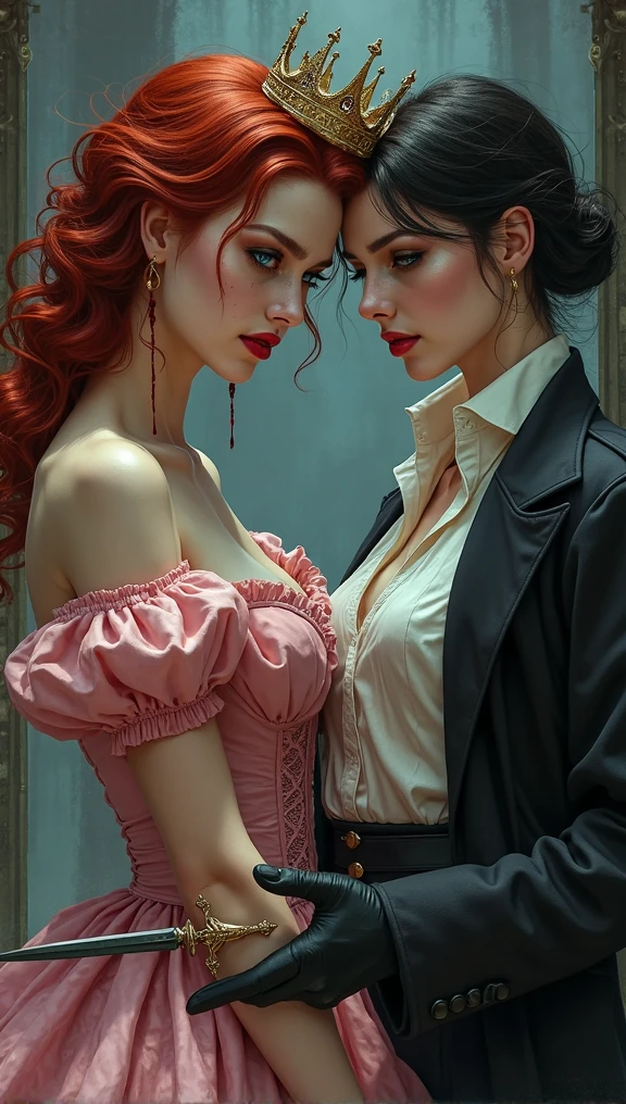 two women.at work place.hugging each other.One has very short and brown hair, a woman's black suit with a tight white shirt with the button open, red high-heeled shoes..The other woman has long and wavy black hair and is wearing a black coat and short skirt with a long choker, thin black tights, and red high heels..High Quality.High detail on the body..Full details in face, face, eyes and hands. Affection.Love.sexy.came.lesbian.Poseidon.Big and firm breasts.flat stomach.thin waist, narrow waisted.Fashion Show.Just reflective.عاشقانه two women