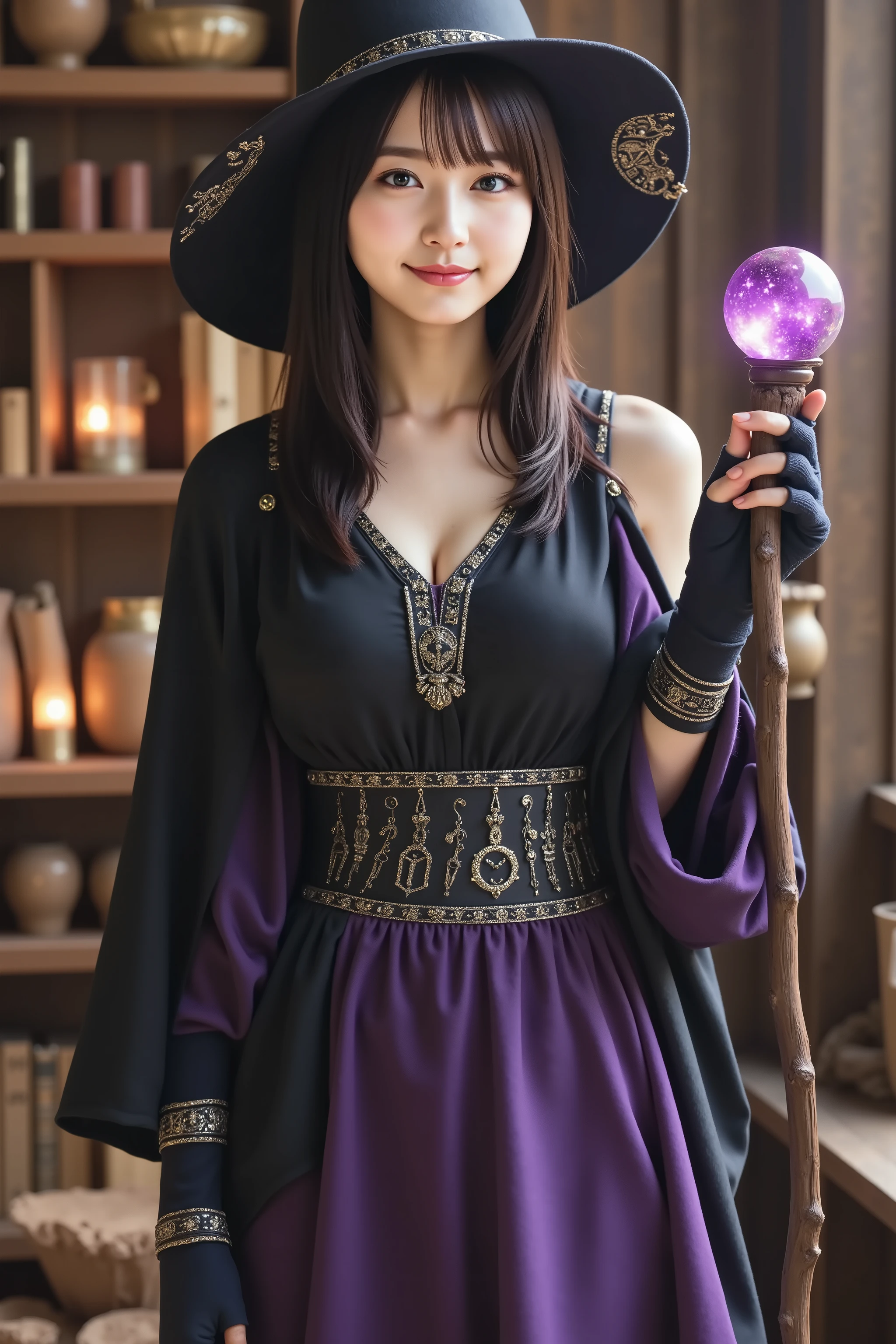 haruka, huge breast, Cleavage, A highly detailed, ultra-realistic digital illustration of a beautiful young Asian female witch standing confidently inside a shadowy, enchanted home hidden deep within a dark forest, inspired by classic fantasy RPGs. She is captured in a medium close-up shot, ensuring her entire head is visible with appropriate headroom while focusing on her from the thighs up. Her long, flowing black hair cascades down her back in soft waves, with delicate bangs framing her mysterious and alluring face. Her deep, focused eyes shimmer with arcane knowledge and quiet intensity, while her lips form a neutral, unreadable line that hints at her inner power and detachment. She wears a flowing, gothic-style witch’s outfit composed of layered black, deep violet, and midnight blue fabrics, adorned with embroidered runes and magical sigils glowing faintly along the hems. Her high-collared cloak is clasped with a silver brooch shaped like a crescent moon, and her wide-brimmed, slightly crooked witch’s hat casts a subtle shadow over her eyes, enhancing her enigmatic aura. Her gloves are long and elegant, decorated with alchemical symbols, and her belt is equipped with vials of glowing potions, pouches of rare ingredients, and enchanted trinkets. In her hand, she holds a slender, twisted staff topped with a crystal orb swirling with dark purple energy, pulsing softly in the dim light. The background reveals the eerie, candlelit interior of her wooden cottage—filled with shelves of ancient tomes, dangling herbs, glowing runes etched into the walls, and mysterious artifacts. The room is cloaked in a mystical haze, with shadows flickering from the flames of enchanted lanterns, creating a quiet, magical tension. Strange jars, skulls, and a bubbling cauldron glow faintly in the corners, immersing the scene in arcane mystery and dark elegance.