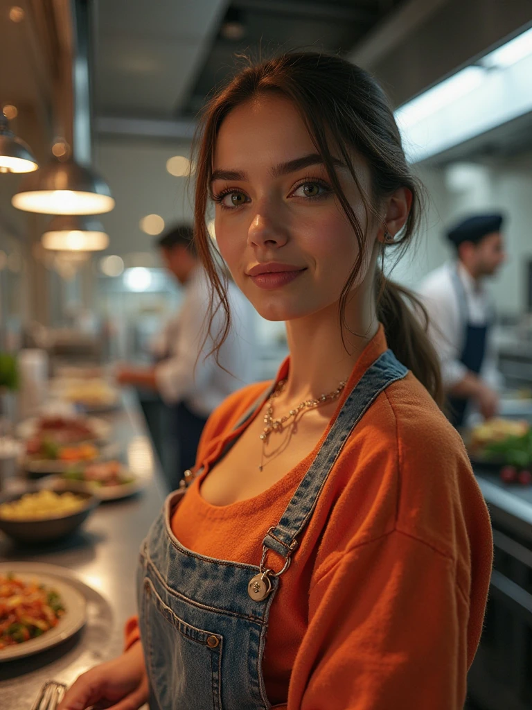 Manuela Vicious, waitress serving food in a small diner, loose shirt, apron, beautiful expressive eyes, detailed eyes, hair in a messy bun, happy, dynamic lighting, photorealistic, 8k uhd natural lighting, raw, rich, intricate details, key visual, atmospheric lighting, 35mm photograph, bokeh, professional, 4k, highly detailed