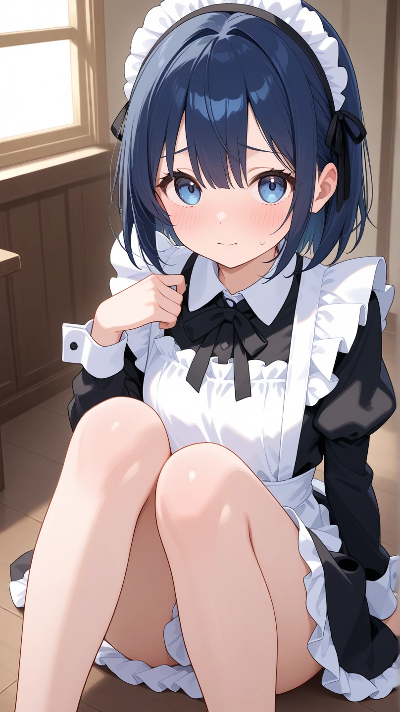 anime, girl, dark blue hair, short hair, maid uniform, wihite tights, shoes, mikudashigao