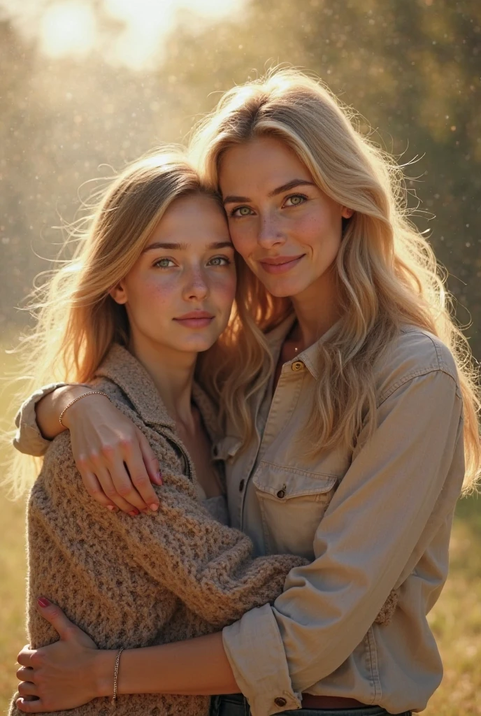 a young beautiful woman with blond pinned-up hair, Good, cuddles with a cute dog, Background is an autumnal meadow