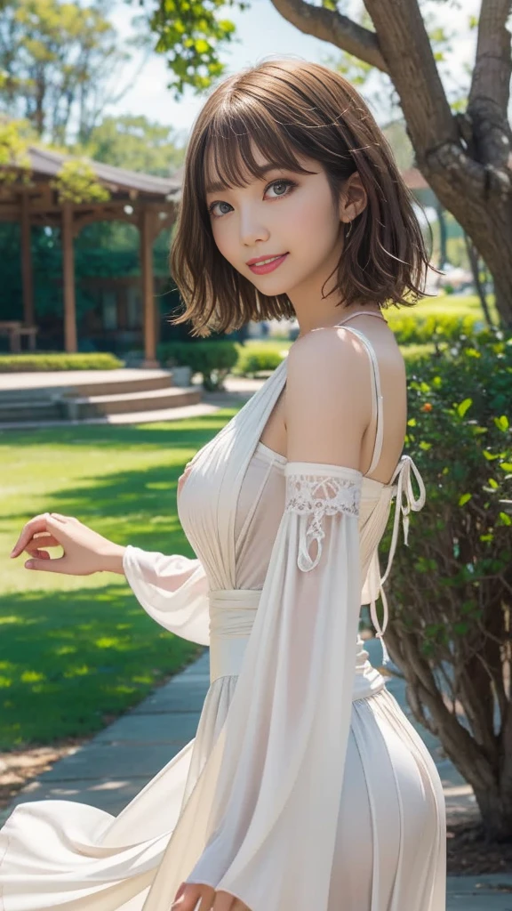 There is a girl in a park surrounded by yellow flowers.，((whole body))，((Side angle))，Physically mature and sexy 15 year old girl，skinny，A tight long dress with bare shoulders，Long dress with waist-high side slits，A long dress made of very thin fabric，((Photo, masterpiece, photorealistic, highest quality, ultra high definition, ultra detailed))，((Looking at this:1.5))，Anatomically correct body，Perfect proportions，Perfect body，Medium chest，Cleavage，Small waist，slender，Raise one arm to show armpit，Pose that arches the waist and back，Upturned hips，（(Sexy pose))，Gravure idol，Long legs，Beautiful feet，魅力的なThighs，Thighs，Very short bob hair，Fluffy messy hair，Brown Hair，Hair blowing in the wind，double eyelid，Long eyelashes，Detailed eyes，Natural Lip，Earrings，
