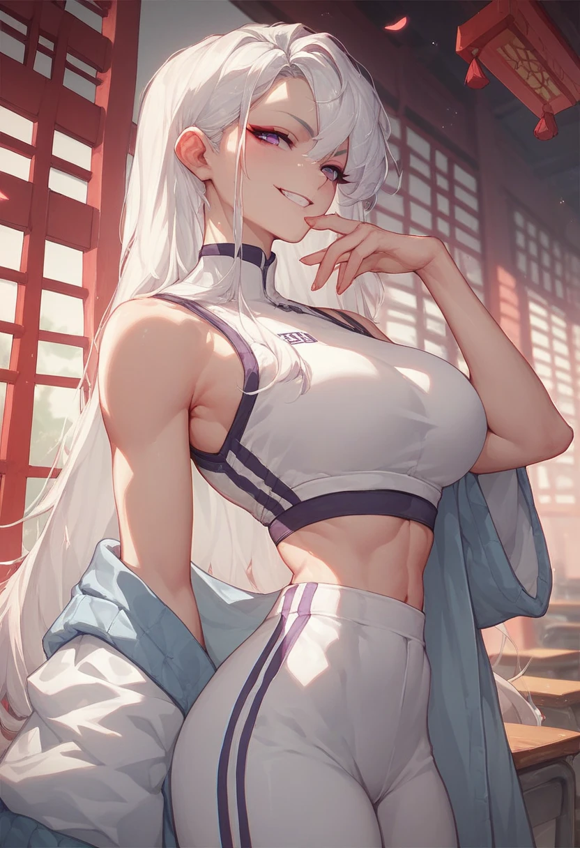 (Best Quality, masutepiece), 1 girl, Pose, judo athlete,white kimono, Large breasts,nice legs,In judo venue,Detailed beautiful face,Detailed eyes,detailed hairs,detailed  clothes,Detailed realistic skin,cool,sweat,smile,dynamic angle,from side