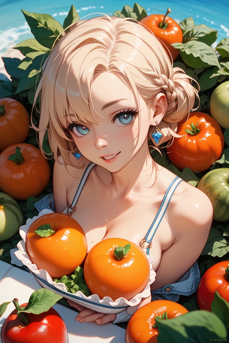 nfsw、full body、Completely naked、from above、((lying on long table))、(((A lot of cut fruit is neatly arranged directly on the body)))、Great lighting, ((masterpiece)), highest quality, Beautiful art, Photorealism
