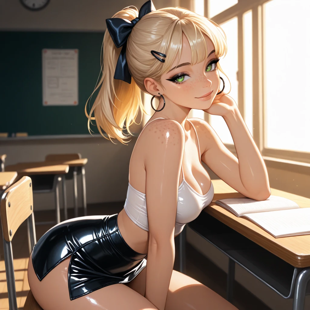(masterpiece:1.2, best quality), 1lady, solo, , classroom, day, sit, blonde, twintails, red eyes, open collabone, darkskin, (open breasts:1.1),