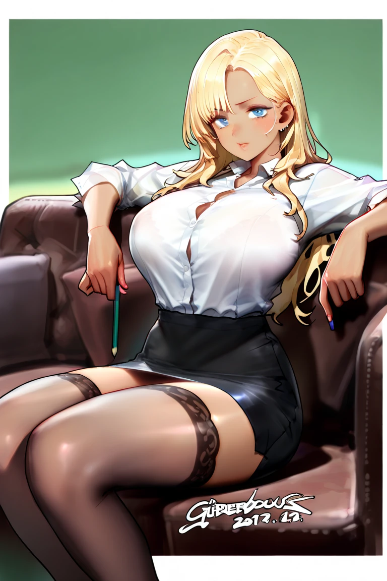 implacable_\(azur_lane\),red eyes, white_shirt,pencil skirt, choker,pantyhose, blonde hair, sitting, crossed legs,from below, eyewear,holding whip,classroom, cowboy shot, smile,, masterpiece, best quality, high contrast,