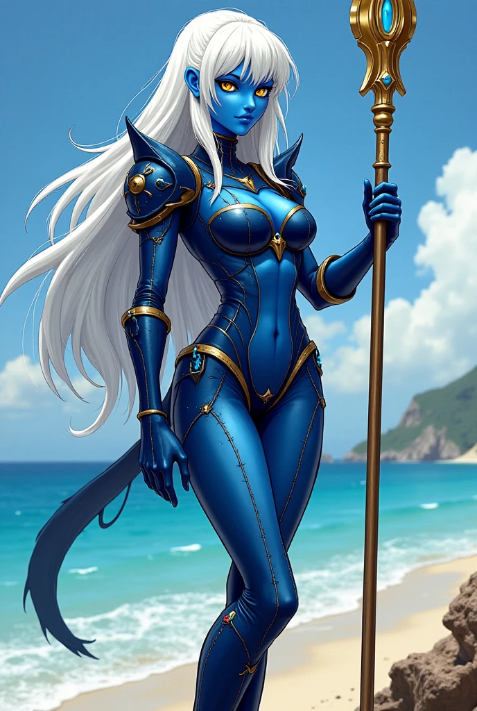 Solo, female, standing, small breasts, modest clothing, draenei, smiling, blue skin, white hair, muscular, thicc tail, tall, slim, beach, holding warhammer, small ass