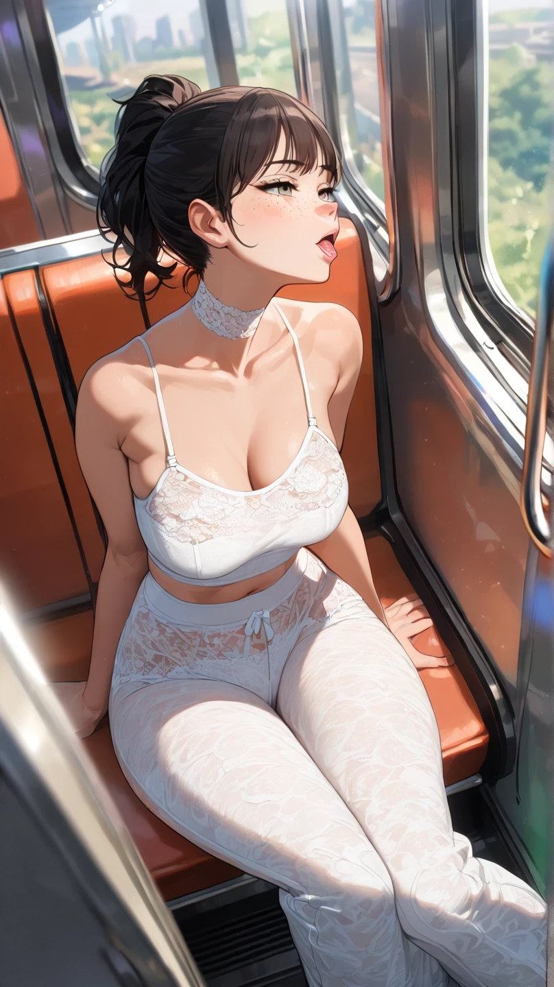 On the bus, a loli wears white fishnet socks and white sexy lace lingerie，A mature woman with long legs and a large chest wears black tights and black sexy lace lingerie