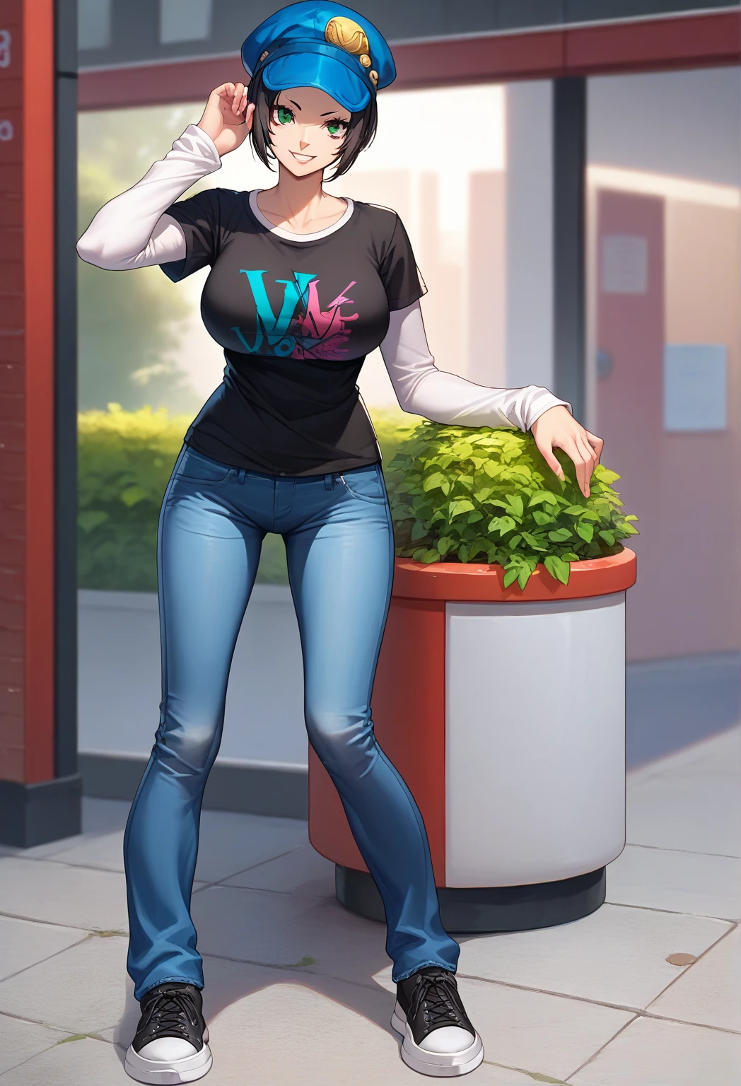 1 girl, full body, 19 years old, all white skin, head without any adornment, embarrassed face, black hair, straight hair, long hair, bangs covering her right eye, completely white jacket, long sleeves, black shirt, somewhat tight, blue tight jeans, black strap watch, huge magenta eyes, medium breasts, slim body, tall, black shoes, blue stockings, looking towards me, sunny background, garden, anime