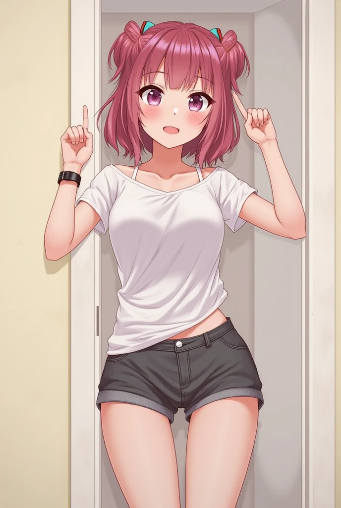 woman, Lifting the shirt with your hands:1.2, White panties:1.6, hair band, White T-shirt, Light pink stockings, Exposing the abdomen:1.3, Short brown hair, Pink Eyes, womanの視点:1.8, B cup