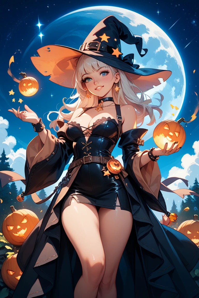 "一个Lovely少女,She has long white hair,Beautiful big breasts,Egypt,Wearing exquisite military robes. Masterpiece quality artwork of the highest quality.,halloween Witches,halloween decoration,pumpkin,halloween,wax candle,bring staff,witch hat,that wizard,Grandiose,Trinkets"teenage girl,Lovely,halloween Little Witch,halloween pumpkin,戴着witch hat,black cat,Wear halloween decorations,Wearing a black and purple halloween fluffy dress,