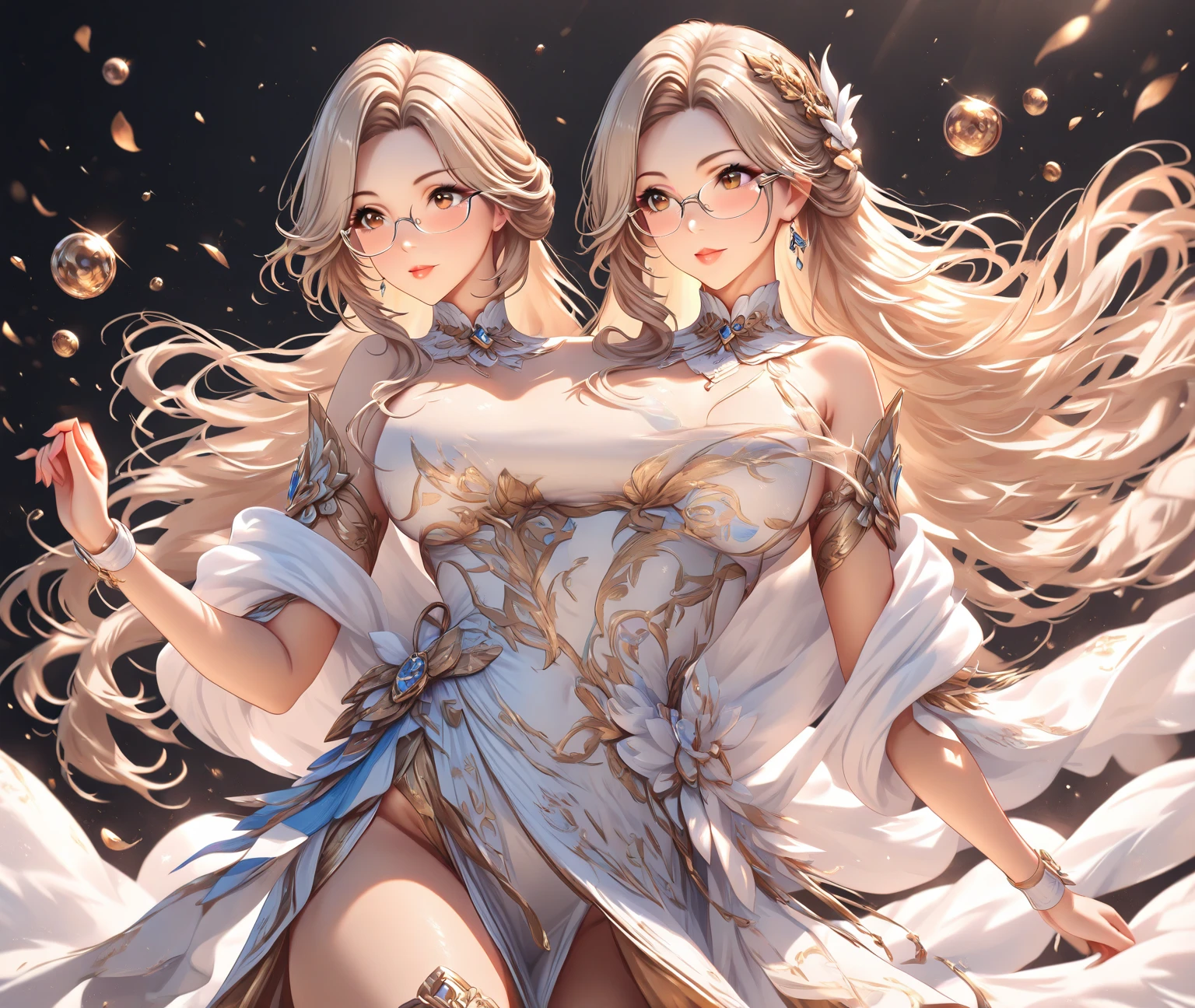 ((On the table, best quality)), Delicate face, Character Design Sheet，whole body, Perfect proportion，Rich in details, Multiple poses and expressions, Very detailed, Martial Arts Girl，1Girl with black wings，Gradient hair color，Golden，Delicate eyes, see through，1 Angel Wings Girl，cloud，High balance, Halo，Natural light，Starlight decoration，Greek Temple