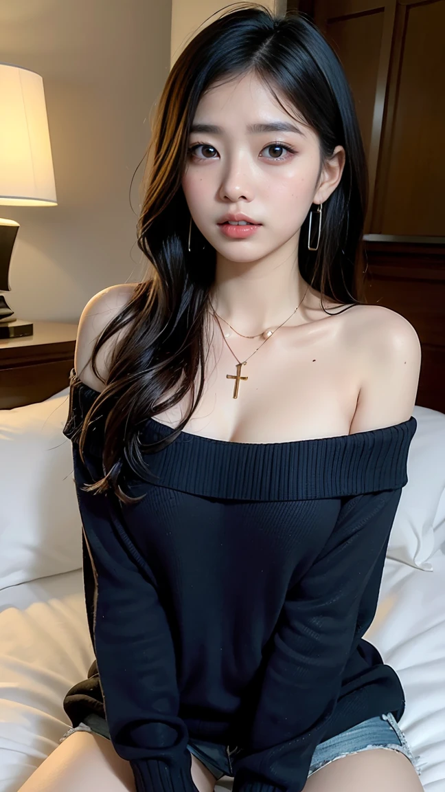  body、Full body Esbian、lying on bed, sexy model posing on bed, Very small waist、(very big breasts:1.3)、plump thighs、natural skin、Extra-fine face、 extra thin hands, Very thin fingers, Best ratio、surreal, ((cute dress、Exposing too much skin、off shoulder、The length is short and the thighs are visible))、cheeks turn red、body covered in 、Cross Necklace、((18-year-old female:1.2))、young adorable japanese face, official art，Highly detailed CG Unity 8K wallpaper，（masterpiece:1.0),(highest quality:1.0),  Super detailed, photo shoot, 8K, nffsw, High resolution, kodak portrait 400, film grain, lens flare glow,portrait shot,View viewer