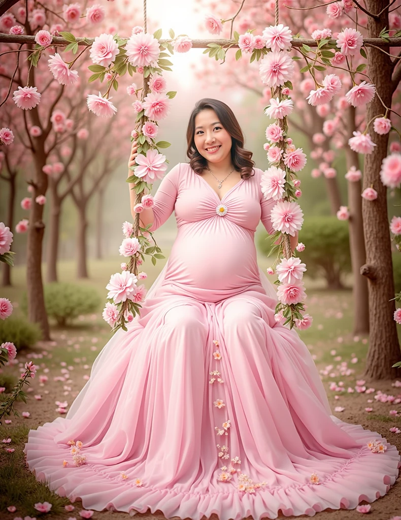 pregnant woman in a peach dress standing under a tree with pink flowers, a picture by Kurt Roesch, shutterstock, romanticism, photo of a beautiful, delicate soft hazy lighting, maternal photography 4 k, in shades of peach, persephone in spring, in pink forest, ethereal beauty, dressed in a pink dress, goddess of spring, spring season, lovely bohemian princess