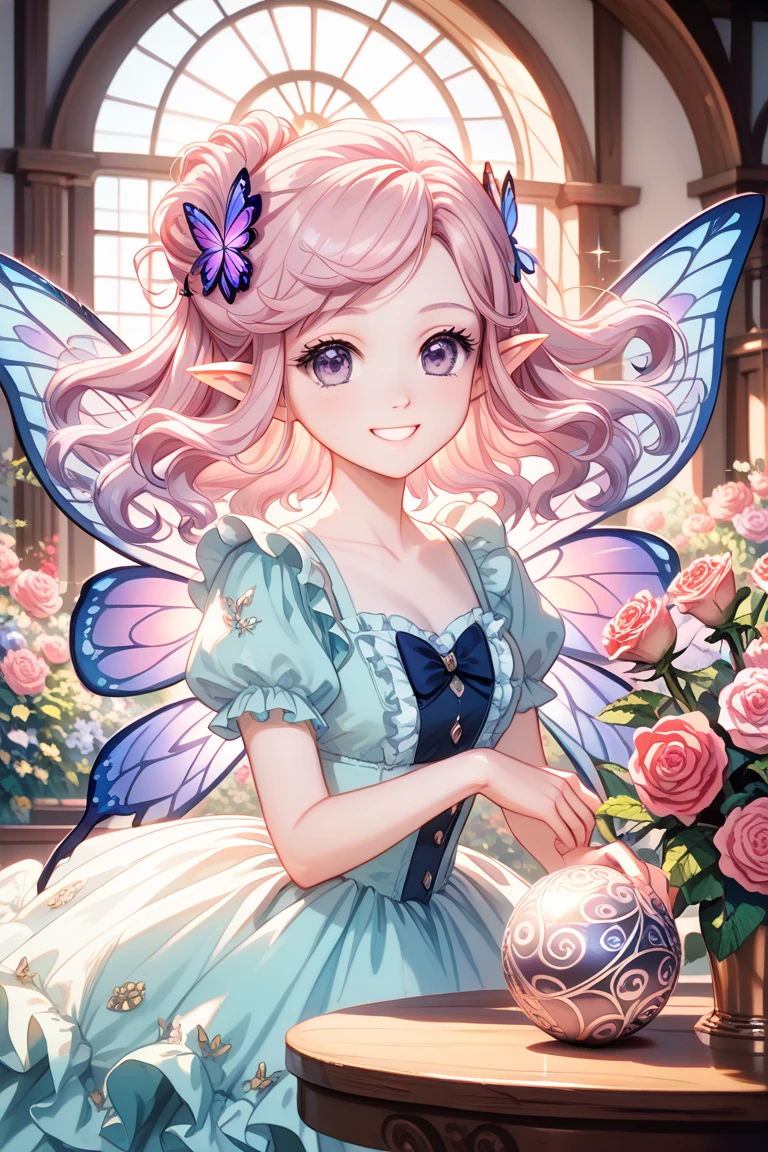 (8K, masutepiece, Highest Quality, Best Quality, Official art, Breathtaking beauty and aesthetics, A highly detailed, The best masterpiece in history that exceeds limits, Breathtaking and beautiful lighting:1.2), (1 Beautiful Girl, Solo), (16 years old), (Beautiful face), (shiny white skin), (Beautiful detailed pink twintails hair, Bangs:1.3), (beautiful detailed adolable drooing pink eyes:1.3), (Beautiful Luxurious blue Princess Dresses, See-through intricate lace, black cute bow ribbon, a lot of see-through frill, sheer chiffon material, silver thread, Diamond, pearl, corset), (Beautiful Luxurious Diamonds Tiara), (Beautiful big bust:1.3), (happy smile, Beautiful smile, Gentle smile, cute smile, innocent smile like an angel:1.2), breathtaking scenery, Attractive, amazing, Beautiful, Elegant, Luxurious, magnifica, Eye-catching, the ultimate beauty, Supreme Beauty, Superlative beauty, Elegant, Beauty, Graceful, Everyone loves it, Beauty that fascinates everyone, Healed, The highest level of complete beauty, cute like an idol, Stylish like a fashion model, Goddess-like grace, Be loved, adolable, Look at the camera, cute pose, Happy, (12 head and body), (ultra detailed realistic Breathtakingly beautiful Luxurious Kaleidoscope:1.2), (Sparkling pearl effect:1.5), (Beautiful fantastic rainbow fairy wings:1.3)