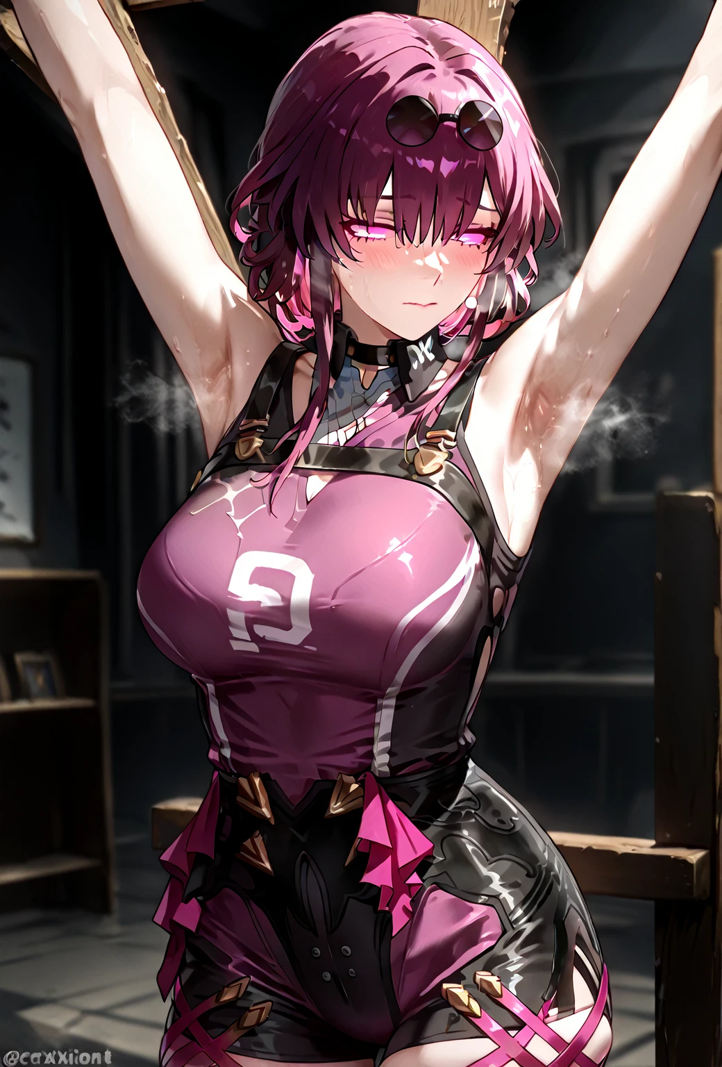 1girl, purple nails, White skin, big breasts, (hair over eyes: 1.1), ringed eyes, pink pupils, silver hair, spiky hair, short hair, asymmetrical bangs, braid, (police: 1.4), (wifes: 1.2), (excited: 1.2), (hair fan), light blush, open coat, you are going to eat, Sideboob, webcam, cyberlive, live stream, (cowboy photo: 0.8), (expressions), ((data book)), (noted:1.4), ((wardrobe table)), ((((How to do it)))), (Text:1.4), (hips:1.6)