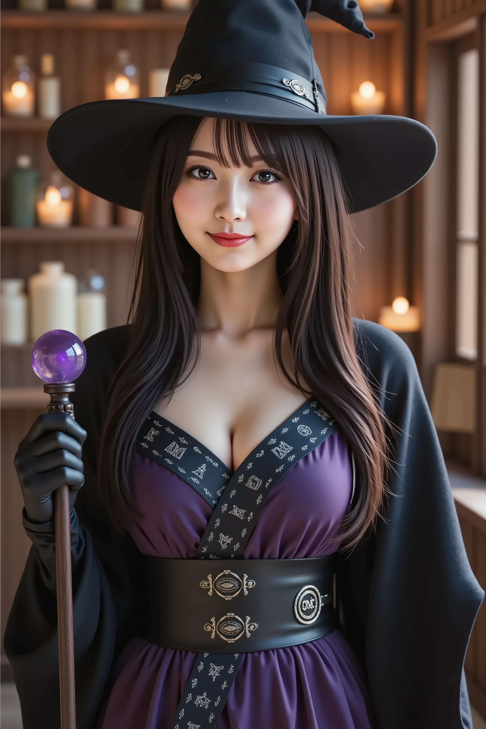 Beautiful Witch woman, with short black hair, Purple eyes, big bust, dressed witch clothes, sitting in a tavern smiling, Realistic, Full HD, Best Quality