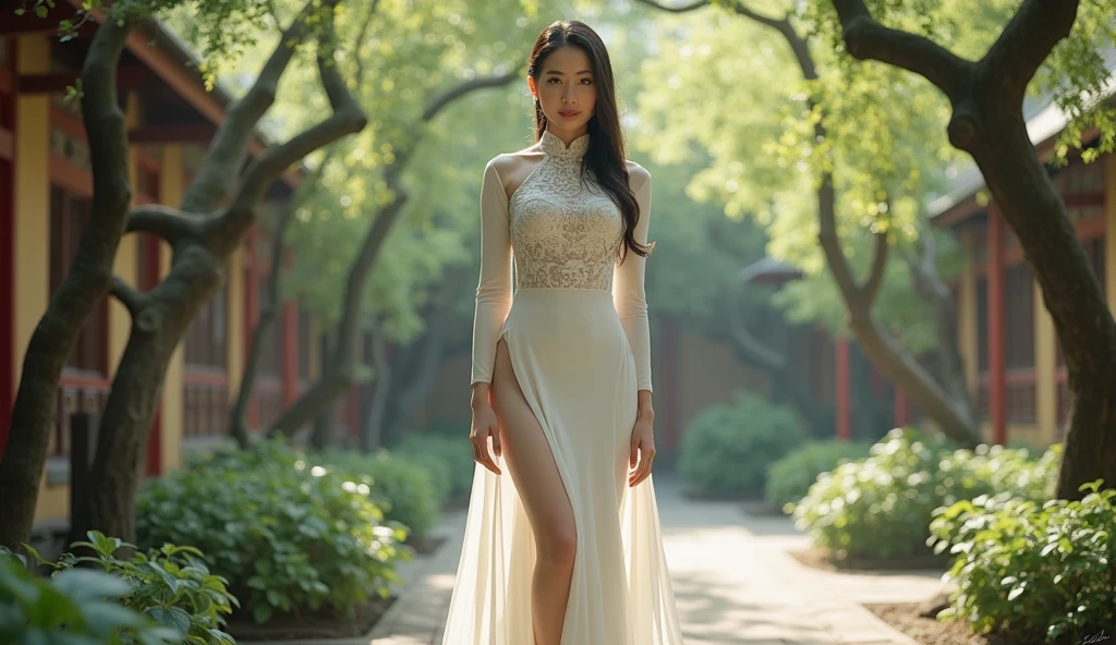 Asian woman wrapped in a transparent grey cloth mimicking a mermaid gown with a striking long train, puff sleeve, wear corset, the cloth clings tightly to her figure, long black straight hair, walking with poise, see through whole body, half naked, dramatic lighting, volumetric textures, very long cloth, outdoor, ultra realistic, golden ratio.