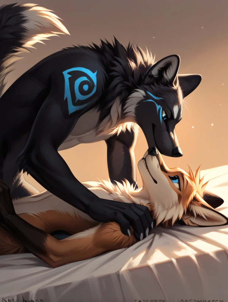 score_9, score_8_up, score_7_up, source_furry, rating_safe, by kenket, anthro, duo, male/male, wolf, black body, blue eyes, fox, orange body, on bellies, legs, disappointment, sad, fullbody portrait, strong, wrestling, pressed tightly together, neon green pawpads, neon green toe fur, laying on top, holding hands, black wolf domination, sad fox
