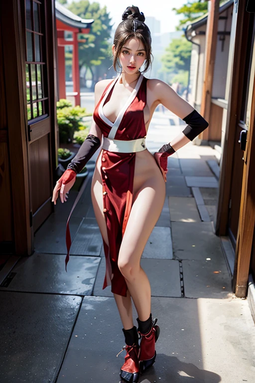 mai shiranui, Brown eyes, The whole body is reflected,Toes are visible, Standing, Full body, Prestige, Long hair, Brown hair, White ribbon, Sleeveless, poneyTail, sash, pelvis curtain, arm guards, mitts, tabi, fascinated expression, Sexy eyes, medium breasts, Smile, Cute, view the viewer, Long hair, Close to Japan temple, (breasts focus:1.2), (Realistic:1.2), (Full Shot: 1.2), (Realism), (masutepiece:1.2), (Best Quality), (ultra-detailliert), (8K, 4K, Convoluted), (85 mm), light Particle, Lighting, (Highly detailed:1.2), (Detailed face:1.2), (gradients), SFV, Colorful, (Detailed eyes:1.2), (Detailed temples of Japan: 1.2),(Detailed background), (Dynamic Angle:1.2), (Dynamic Pose:1.2), (Line of action:1.2), Wide Shot, Daylight, Solo.