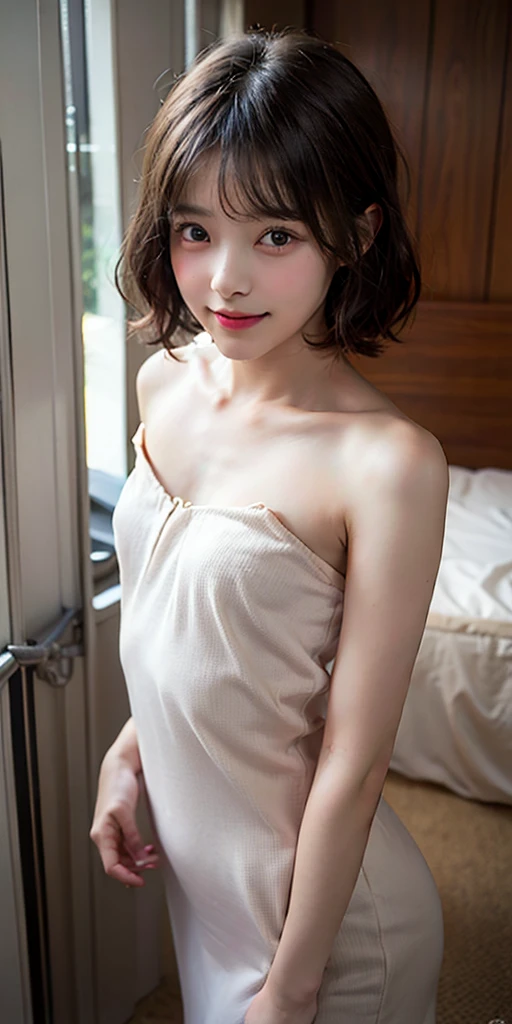 (8K、RAW Photos、Highest quality、masterpiece:1.2)、(Realistic、Realistic)、1 Girl、((lingerie、After sexual intercourse、Bedroom、morning、 the bed、Flat Chest、Nipples、Short Hair、View from the front、smile、Look at the camera and smile、stand))、cute